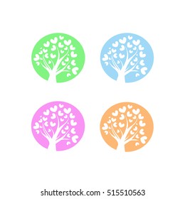 Tree with leaves in form of heart. Round icon, silhouettes of hearts. Set of vector illustrations
