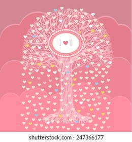 Tree with leaves in the form of hearts on pink background. Vector vintage greeting card
