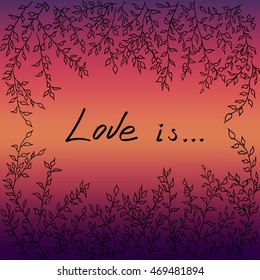 Tree leaves frame on sunset background love is vector illustretion