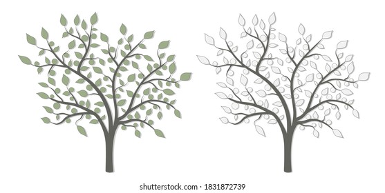 Tree with leaves and fruit in vintage style in two versions on a white background