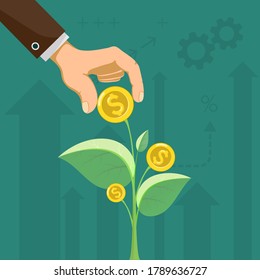 Tree with leaves and golden dollar coins currencies. Vector illustration.