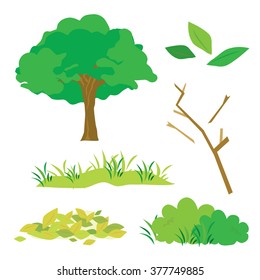 Tree Leaves Grass Bush Branch Flora Cartoon Vector 