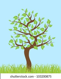 tree with leaves and grass on a blue background