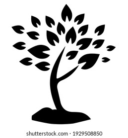 Tree with leaves growing, green environment, eco, ecology, ecological logo, sign or symbol vector illustration in black and white color, isolated on white background