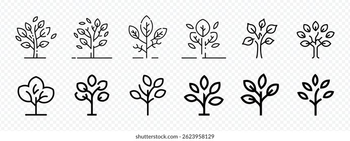 Tree with Leaves icon, Tree with Leaves Outline Vector Icon Depicting Minimalist Nature Symbol, Tree Vector Line Icon Set Representing Growth, Environment, and Sustainability in a Simple Style