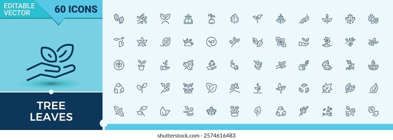 Tree Leaves icon set. Includes thin line plant, earth, vegetarian, bio, foliage and more. Minimal icons. Editable vector stroke.