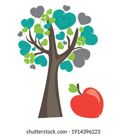 A tree with leaves made of hearts vector. Clipart, print, illustration on a white background with an apple for Valentine's Day