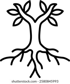 A tree with leaves and roots line art on vector illustration