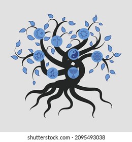 Tree with leaves and roots with religious symbols vector illustration