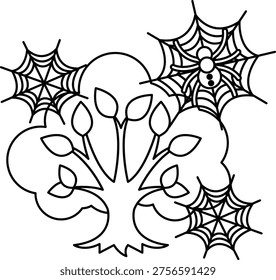 Tree with leaves stands beneath spiderwebs. Spiders rest calmly on intricate webs. Simple lines form nature's quiet mystery. Ideal for coloring books or educational prints