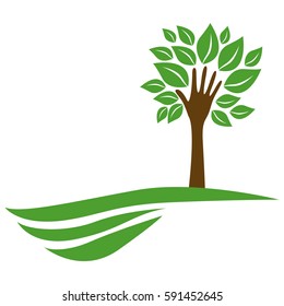 tree with leaves and stem in form hand in the mountain, vector illustraction