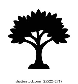 Árbol con hojas símbolo silueta Vector blanco y negro ilustración aislada. Naturaleza, bosque, planta, árbol grande.