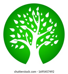 Árbol con hojas. Plantilla para el diseño del logotipo, distintivos, etiquetas y logotipos para su empresa. Plantas, naturaleza y ecología. Árbol blanco en círculo verde. Ilustración del vector