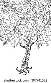 Tree with leaves. Vector. Coloring book page for adults. Hand drawn. Bohemia concept for wedding invitation, card, ticket, branding, logo, label. Black and white