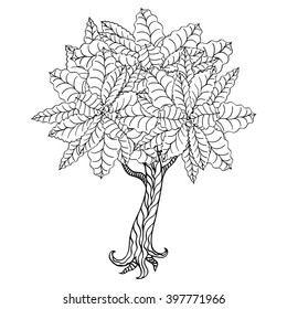 Tree with leaves. Vector. Coloring book page for adults. Hand drawn. Bohemia concept for wedding invitation, card, ticket, branding, logo, label. Black and white