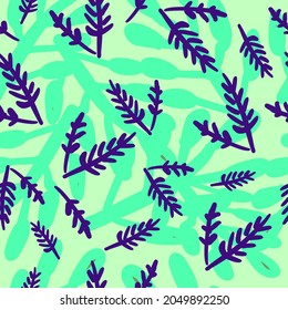Tree leaves vector pattern illustration on the light blue background. Purple tree leaves on the blue plant texture. Nature botanical pattern. Abstract texture illustration.