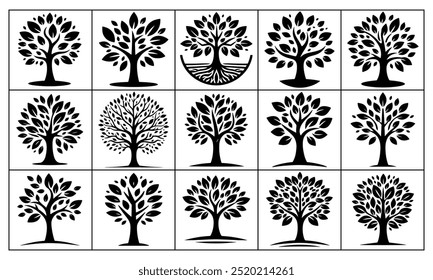 Tree with leaves, vector silhouette, On a White Background