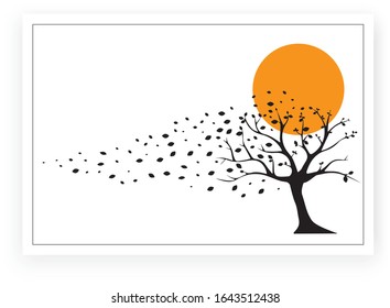 Tree with leaves and wind, vector. Scandinavian minimalist art design. Poster design in frame. Wall decals, wall decor. Black Art design isolated on white background. Autumn season, tree in autumn