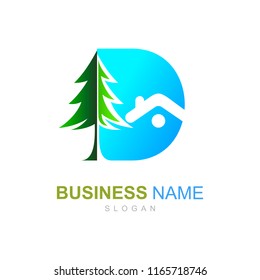 tree and letter d logo design template, building logo, nature icon
