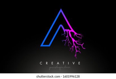 Tree Letter A Design Logo with Purple Blue Tree Branch. A Letter Tree Icon Logo Vector Illustration.