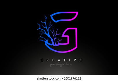 Tree Letter G Design Logo with Purple Blue Tree Branch. G Letter Tree Icon Logo Vector Illustration.