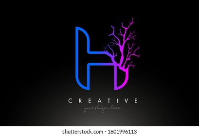 Tree Letter H Design Logo with Purple Blue Tree Branch. H Letter Tree Icon Logo Vector Illustration.