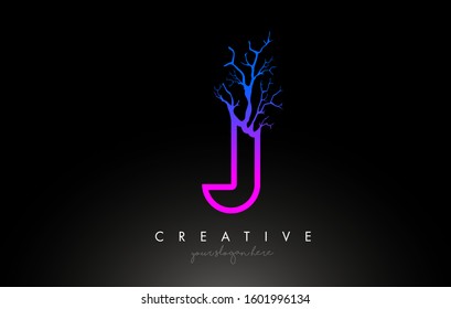 Tree Letter J Design Logo with Purple Blue Tree Branch. J Letter Tree Icon Logo Vector Illustration.