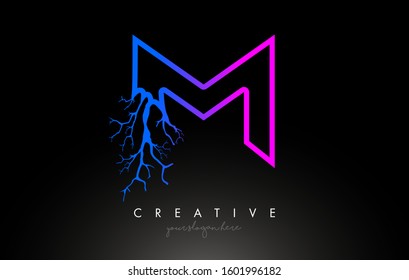 Tree Letter M Design Logo with Purple Blue Tree Branch. M Letter Tree Icon Logo Vector Illustration.