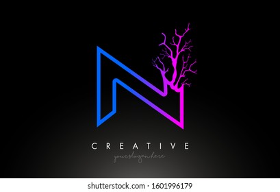 Tree Letter N Design Logo with Purple Blue Tree Branch. N Letter Tree Icon Logo Vector Illustration.