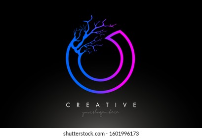 Tree Letter O Design Logo with Purple Blue Tree Branch. O Letter Tree Icon Logo Vector Illustration.