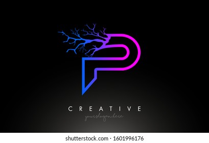 Tree Letter P Design Logo with Purple Blue Tree Branch. P Letter Tree Icon Logo Vector Illustration.