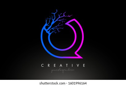 Tree Letter Q Design Logo with Purple Blue Tree Branch. Q Letter Tree Icon Logo Vector Illustration.