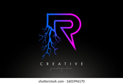 Tree Letter R Design Logo with Purple Blue Tree Branch. R Letter Tree Icon Logo Vector Illustration.