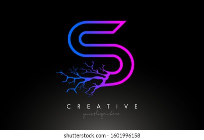 Tree Letter S Design Logo with Purple Blue Tree Branch. S Letter Tree Icon Logo Vector Illustration.