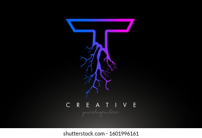 Tree Letter T Design Logo with Purple Blue Tree Branch.T Letter Tree Icon Logo Vector Illustration.