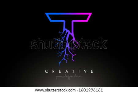 Tree Letter T Design Logo with Purple Blue Tree Branch.T Letter Tree Icon Logo Vector Illustration.