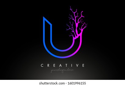 Tree Letter U Design Logo with Purple Blue Tree Branch. U Letter Tree Icon Logo Vector Illustration.