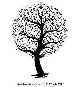 Árbol con letras, ilustración de vector de color, aislado en fondo blanco