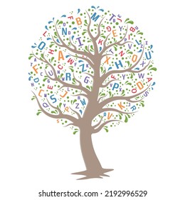 Tree with letters, color vector illustration, isolated on white background