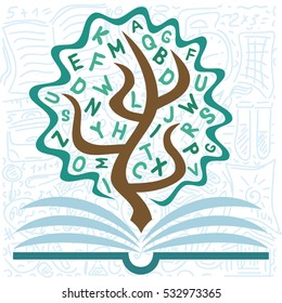Tree with letters and open book. A symbol of education. Vector illustration.