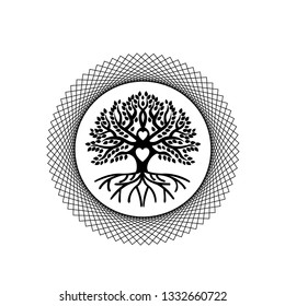 The tree of life in the abstract circle. Mandala. black. Against the background of the sun, moon and stars. Symbol of growth, rootedness, stability, stability, health. Can be logo