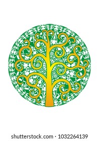 Tree of life against a background of green mandala. Artistic background. Logo. Eastern motif. Vector graphics