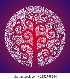 The tree of life against the background of the openwork mandala in bright colorful colors. Vector art picture. 