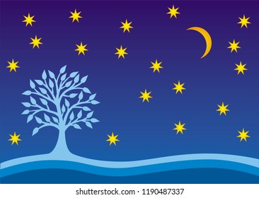 Tree of life against the background of the starry sky and the moon. Symbol vector graphics.