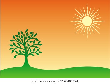 Tree of life against the background of the sun and the orange sky. Cartoon symbolic vector graphics.