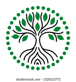 The tree of life of black lines and green leaves. Character drawing in black and green. Vector graphics.