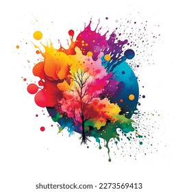 Tree of life. Bright colorful watercolor stain splash splatter brush stroke on white background. Modern vibrant aquarelle spot. Modern isolated design on white. Element. Vector watercolor illustration