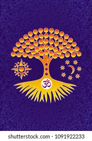 Tree of Life. Bright yellow-orange picture on a blue background. Spiritual symbol. Openwork ornament. Vector graphics.