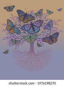 
A tree of life with butterflies sitting on the branches and flying around the tree. The background is a green orange purple gradient
