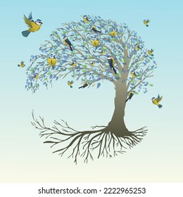 
A tree of life, also called yggdrasil, with blue tit birds in the crown. The tree is moon shaped and had also bluish leafs. The roots of the tree are visible.